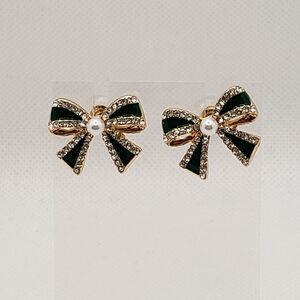 Elegant Green Bow Earrings with Pearl Accent
